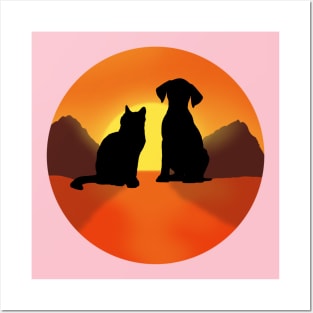 snset with cat and dog ,cats lover,dogs lover,catshirt,dogshirt,cute cat,cute dog,cats,dogs Posters and Art